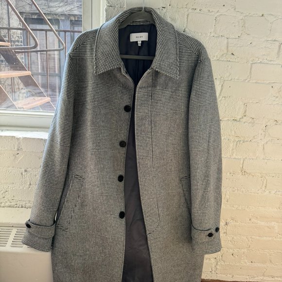 REISS BARK WOOL BLEND CHECK EPSOM OVERCOAT - SOFT GREY (LARGE)